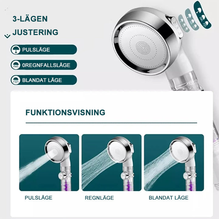 "Elegant justerbart duschmunstycke i guld/silver med högtrycksvattenbesparing och tre lägen för skräddarsydd duschupplevelse.