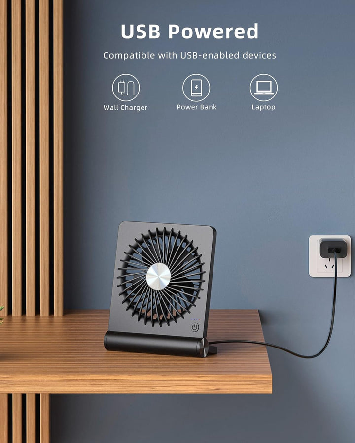 "Elegant, kompakt bordsfläkt med ultratyst luftström, modern design och justerbara hastigheter för effektiv luftcirkulation."