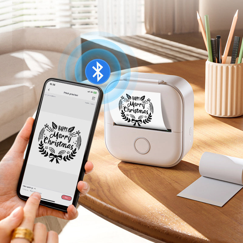 "Elegant, kompakt mini bärbar Bluetooth-skrivare för studenter, vit färg, idealisk för organisering och produktivitet."