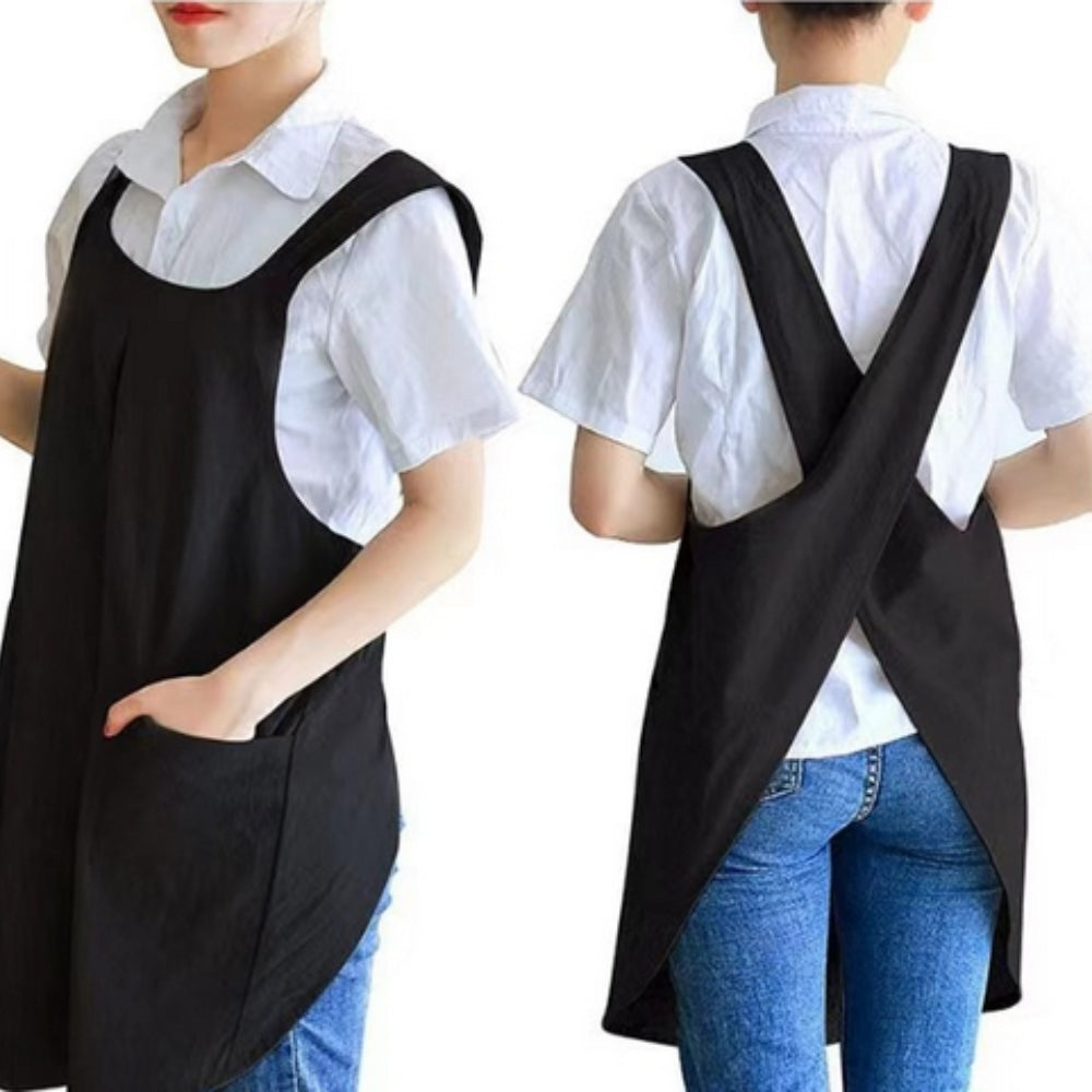 "Elegant koreanskt förkläde med korsrygg, mjuk textur, vida fickor. Perfekt för kök och vardagsbruk."