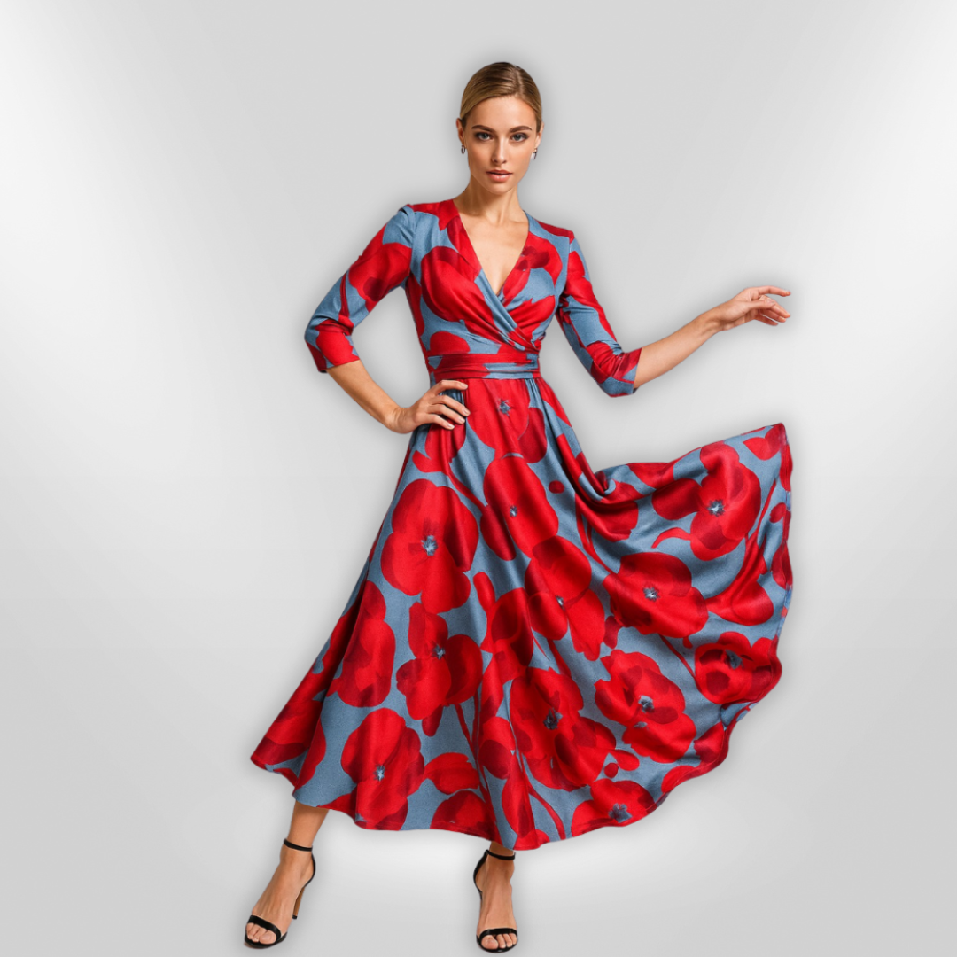 "Elegant kvinnor blommig sommarklänning, feminin stil, bekväm passform, färgglada blommor, lätt och luftigt tyg."