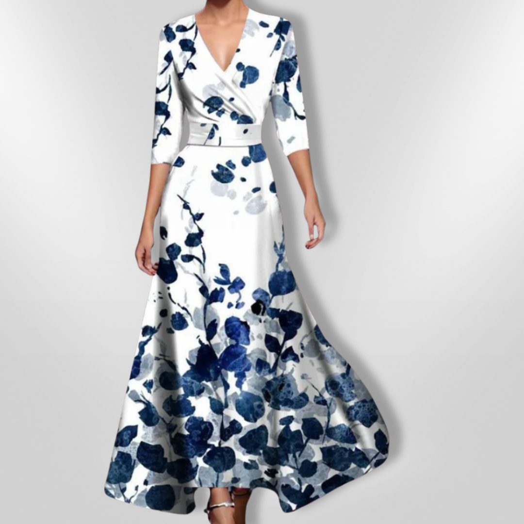 "Elegant kvinnor blommig sommarklänning, feminin stil, bekväm passform, färgglada blommor, lätt och luftigt tyg."