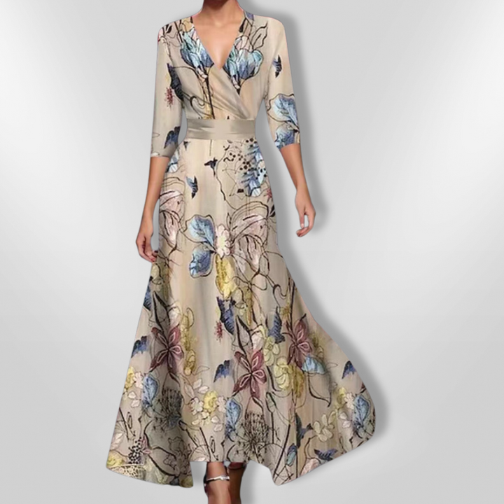 "Elegant kvinnor blommig sommarklänning, feminin stil, bekväm passform, färgglada blommor, lätt och luftigt tyg."