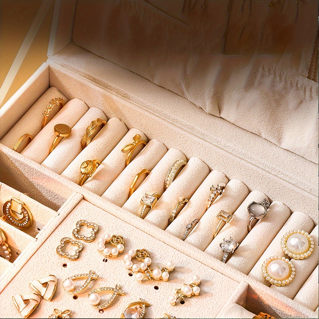 "Elegant läder smyckesbox med flera fack, perfekt för att organisera halsband, armband och ringar."