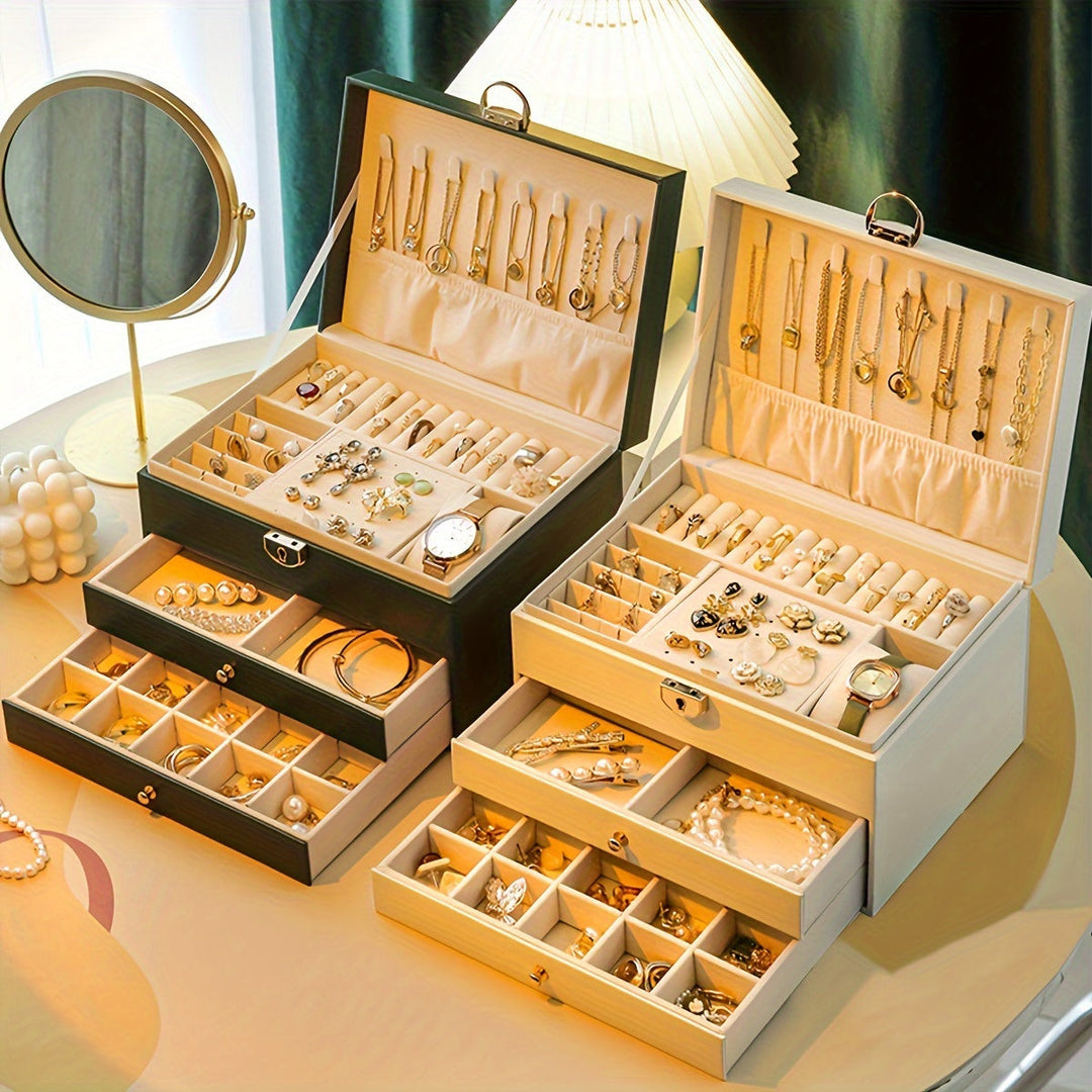"Elegant läder smyckesbox med flera fack, perfekt för att organisera halsband, armband och ringar."