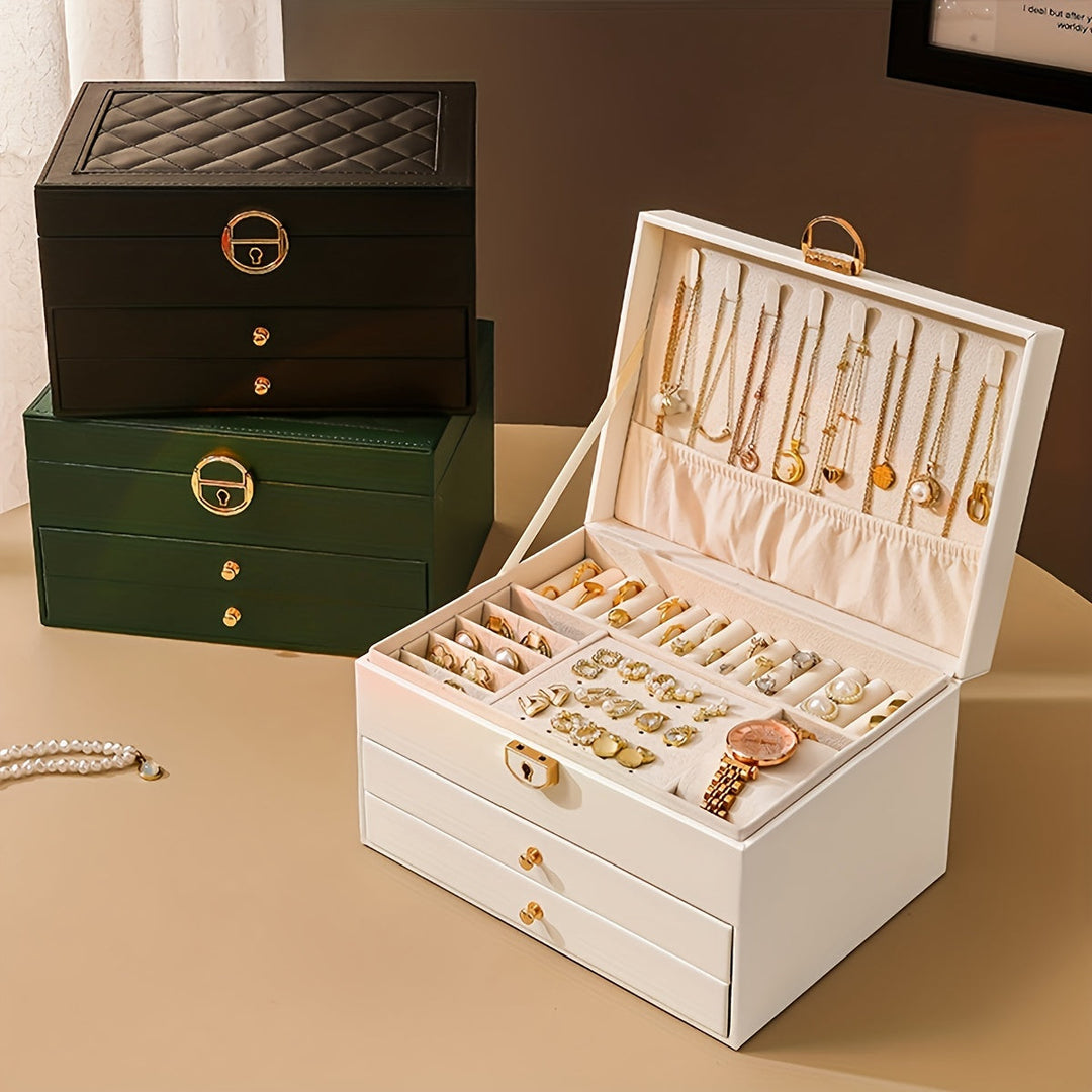 "Elegant läder smyckesbox med flera fack, perfekt för att organisera halsband, armband och ringar."