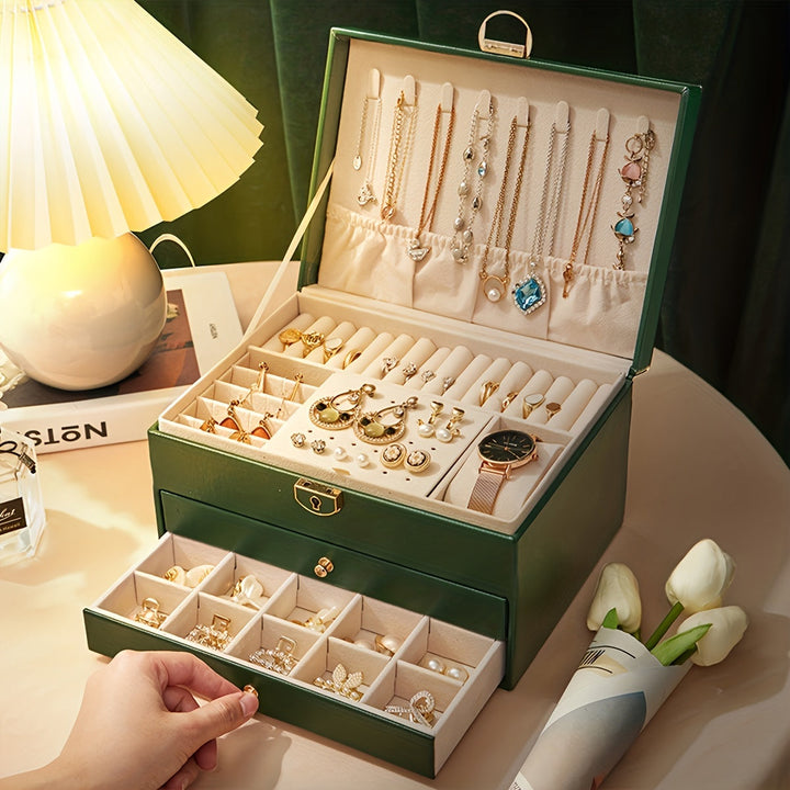 "Elegant läder smyckesbox med flera fack, perfekt för att organisera halsband, armband och ringar."