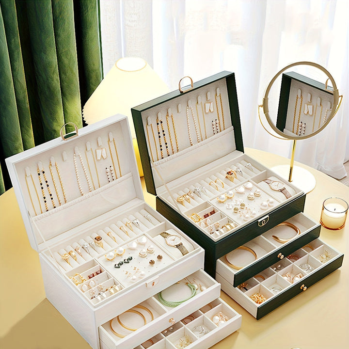 "Elegant läder smyckesbox med flera fack, perfekt för att organisera halsband, armband och ringar."