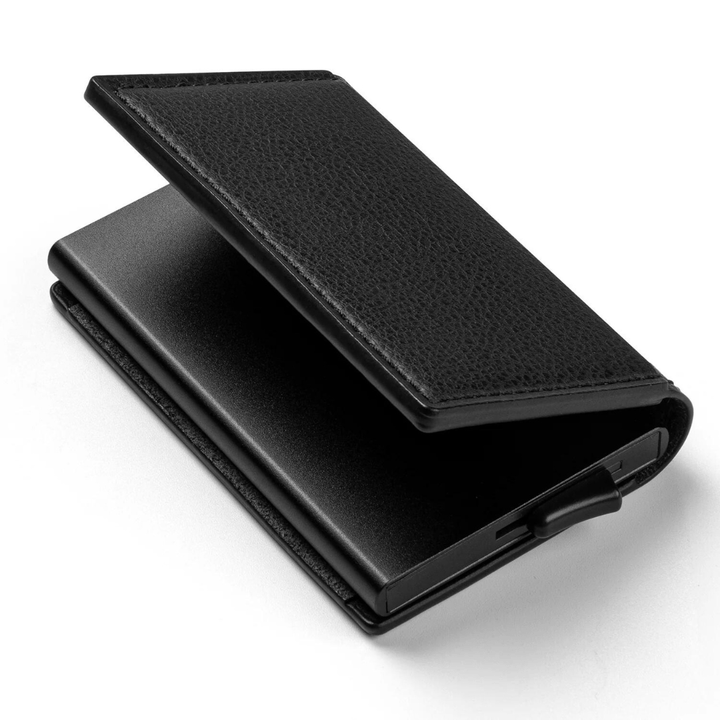 "Elegant läderplånbok med RFID-blockering, svart premiumläder, kompakt design, rymmer upp till 14 kort och 20 kontanter."
