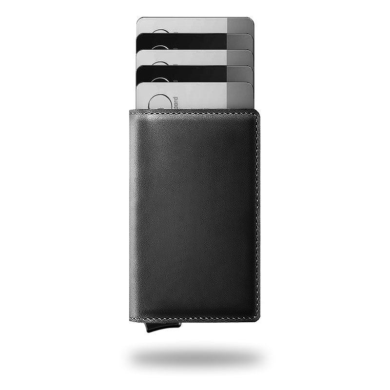 "Elegant läderplånbok med RFID-blockering, svart premiumläder, kompakt design, rymmer upp till 14 kort och 20 kontanter."