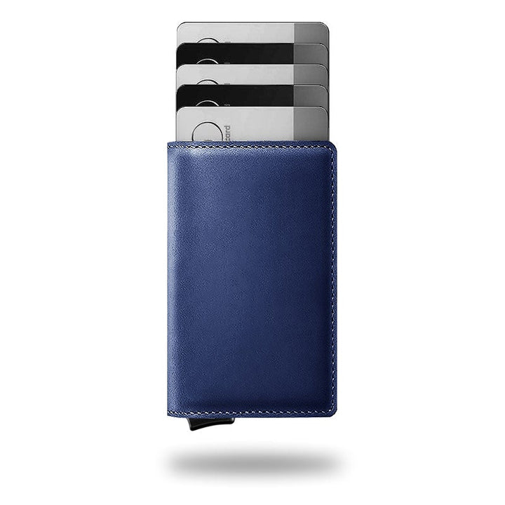 "Elegant läderplånbok med RFID-blockering, svart premiumläder, kompakt design, rymmer upp till 14 kort och 20 kontanter."