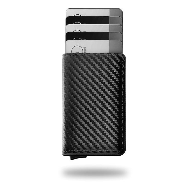 "Elegant läderplånbok med RFID-blockering, svart premiumläder, kompakt design, rymmer upp till 14 kort och 20 kontanter."