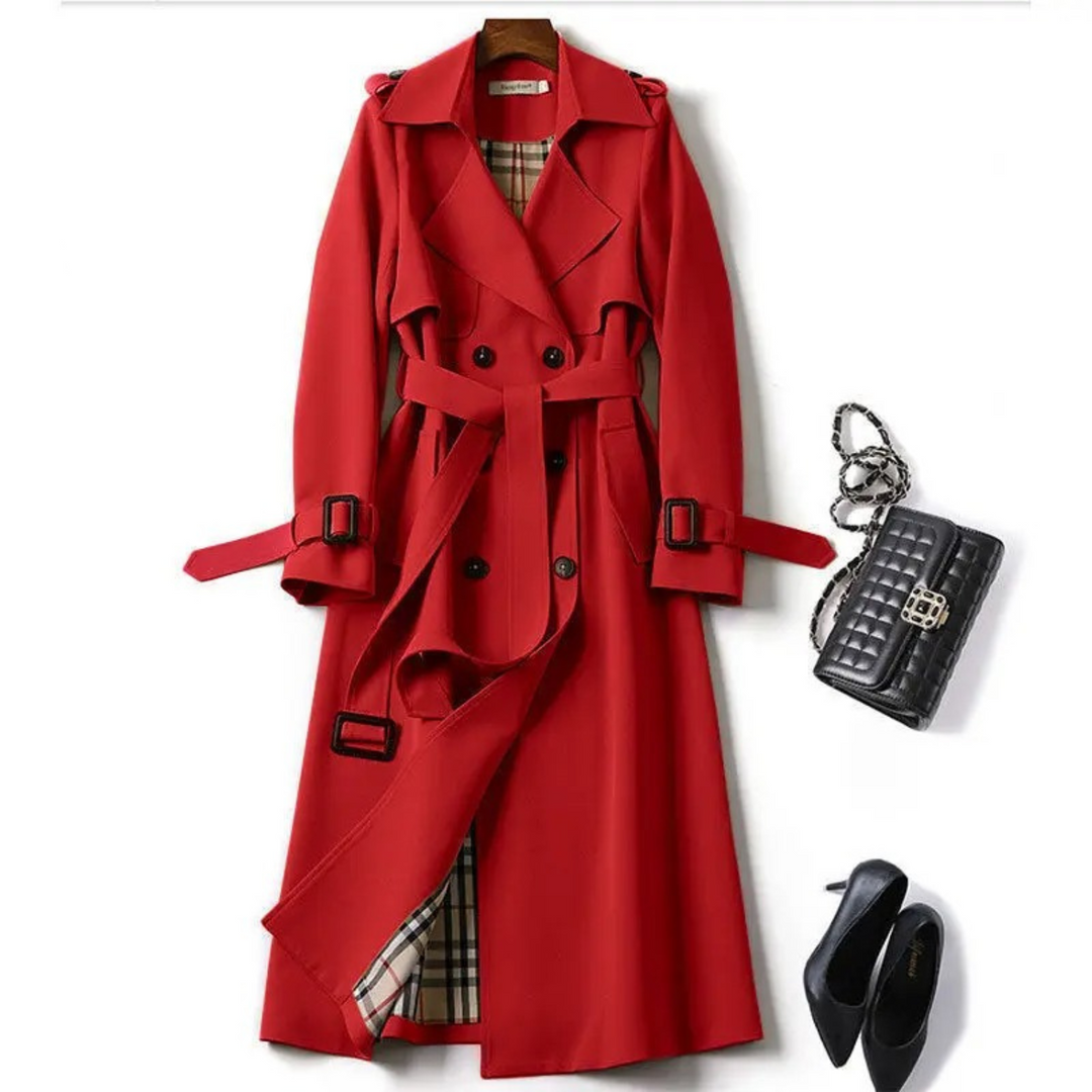 "Elegant lång trenchcoat med bälte, damjacka, visar framifrån med justerbart bälte och tidlös design för komfort och stil."