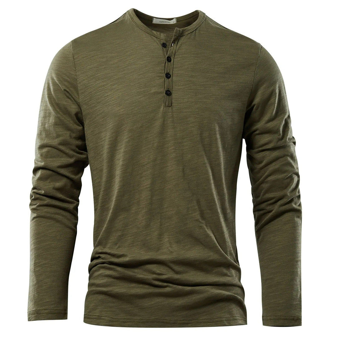 "Elegant långärmad Henley T-shirt herr med klassisk hals, enkel enfärgad design, ger stil och komfort för alla tillfällen."