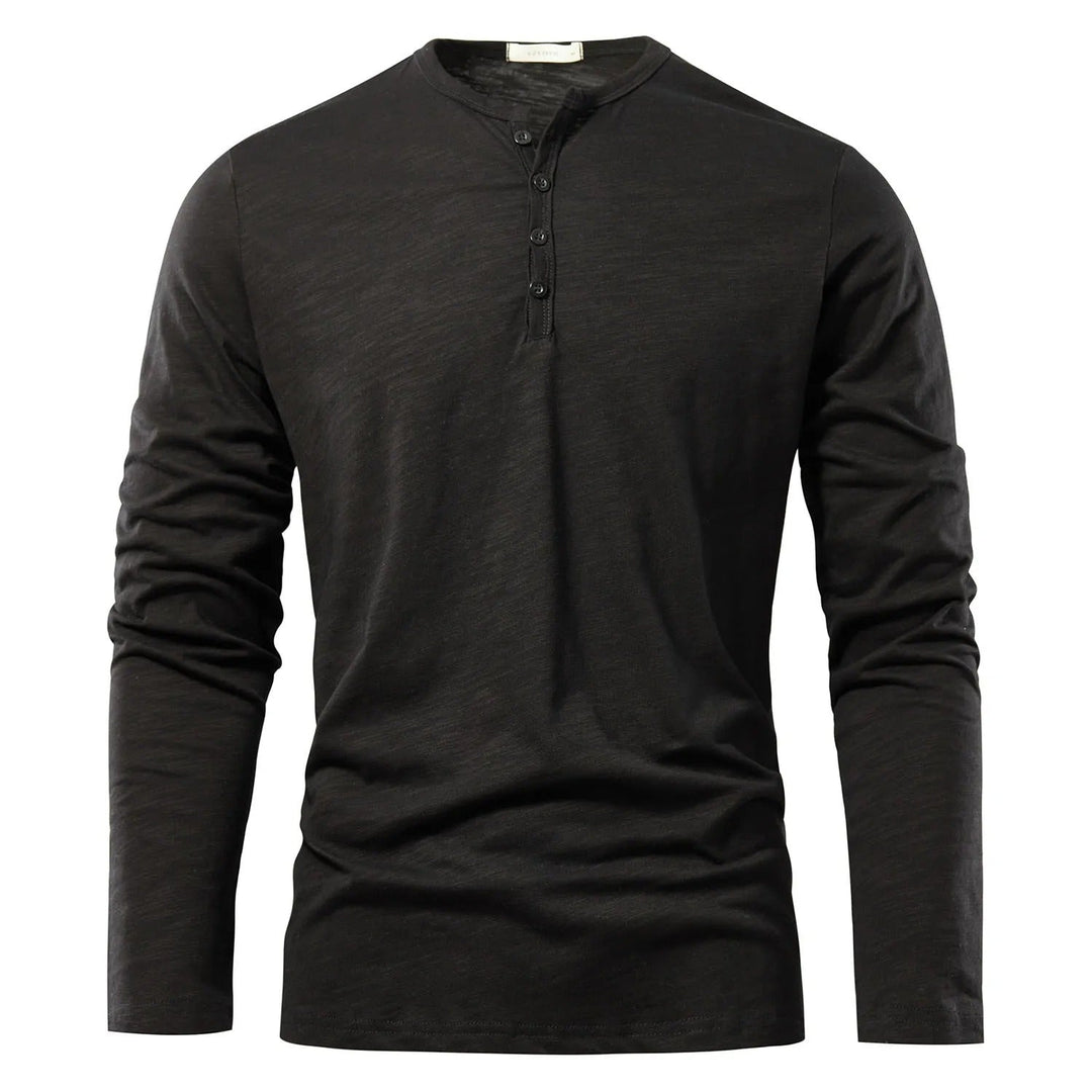 "Elegant långärmad Henley T-shirt herr med klassisk hals, enkel enfärgad design, ger stil och komfort för alla tillfällen."