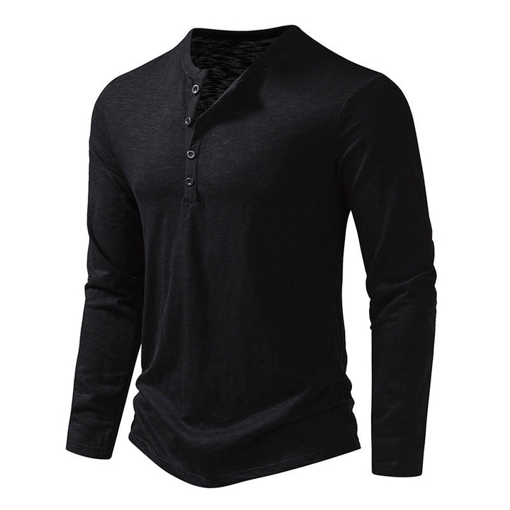 "Elegant långärmad Henley T-shirt herr med klassisk hals, enkel enfärgad design, ger stil och komfort för alla tillfällen."
