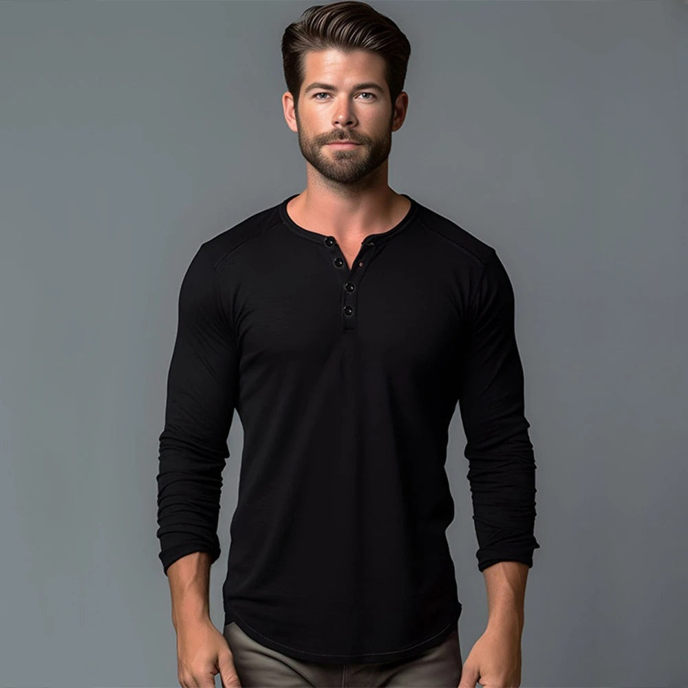 "Elegant långärmad Henley T-shirt herr med klassisk hals, enkel enfärgad design, ger stil och komfort för alla tillfällen."