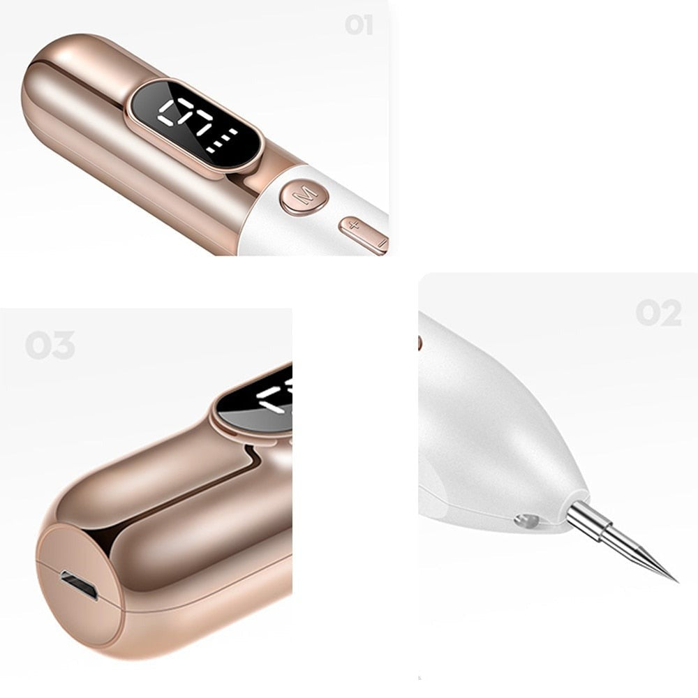 "Elegant Laser Plasma Pen i guld/silver för effektiv borttagning av hudfläckar och naturlig föryngring hemma."