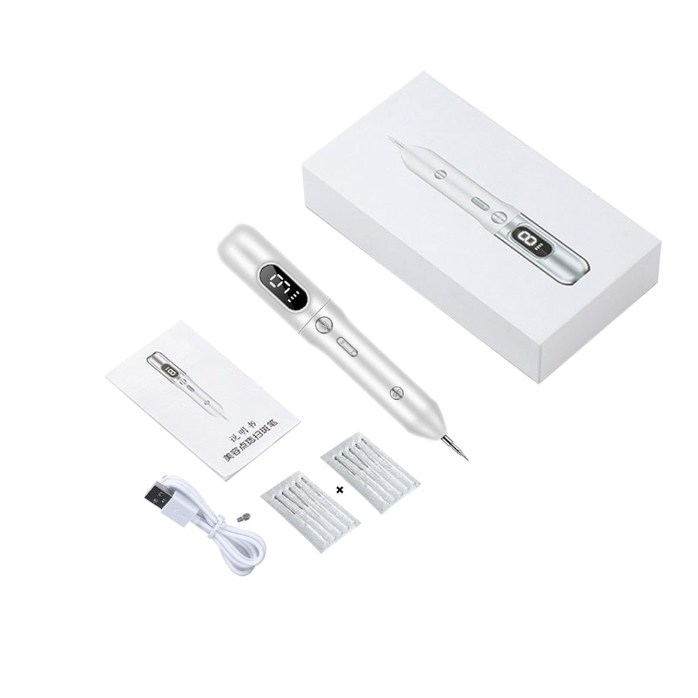 "Elegant Laser Plasma Pen i guld/silver för effektiv borttagning av hudfläckar och naturlig föryngring hemma."