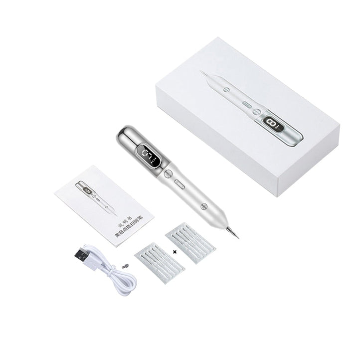 "Elegant Laser Plasma Pen i guld/silver för effektiv borttagning av hudfläckar och naturlig föryngring hemma."