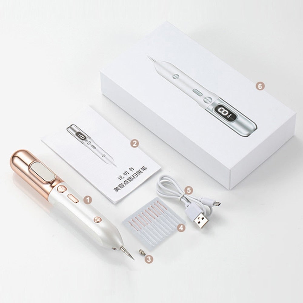 "Elegant Laser Plasma Pen i guld/silver för effektiv borttagning av hudfläckar och naturlig föryngring hemma."