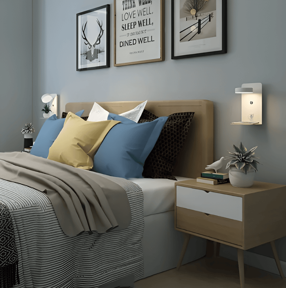 "Elegant LED vägglampa i aluminium med inbyggd hylla och USB-laddare, perfekt för små utrymmen och modern inredning."