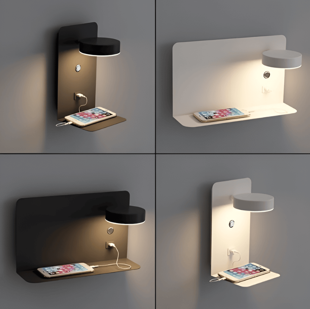 "Elegant LED vägglampa i aluminium med inbyggd hylla och USB-laddare, perfekt för små utrymmen och modern inredning."