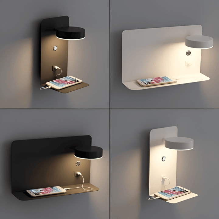 "Elegant LED vägglampa i aluminium med inbyggd hylla och USB-laddare, perfekt för små utrymmen och modern inredning."