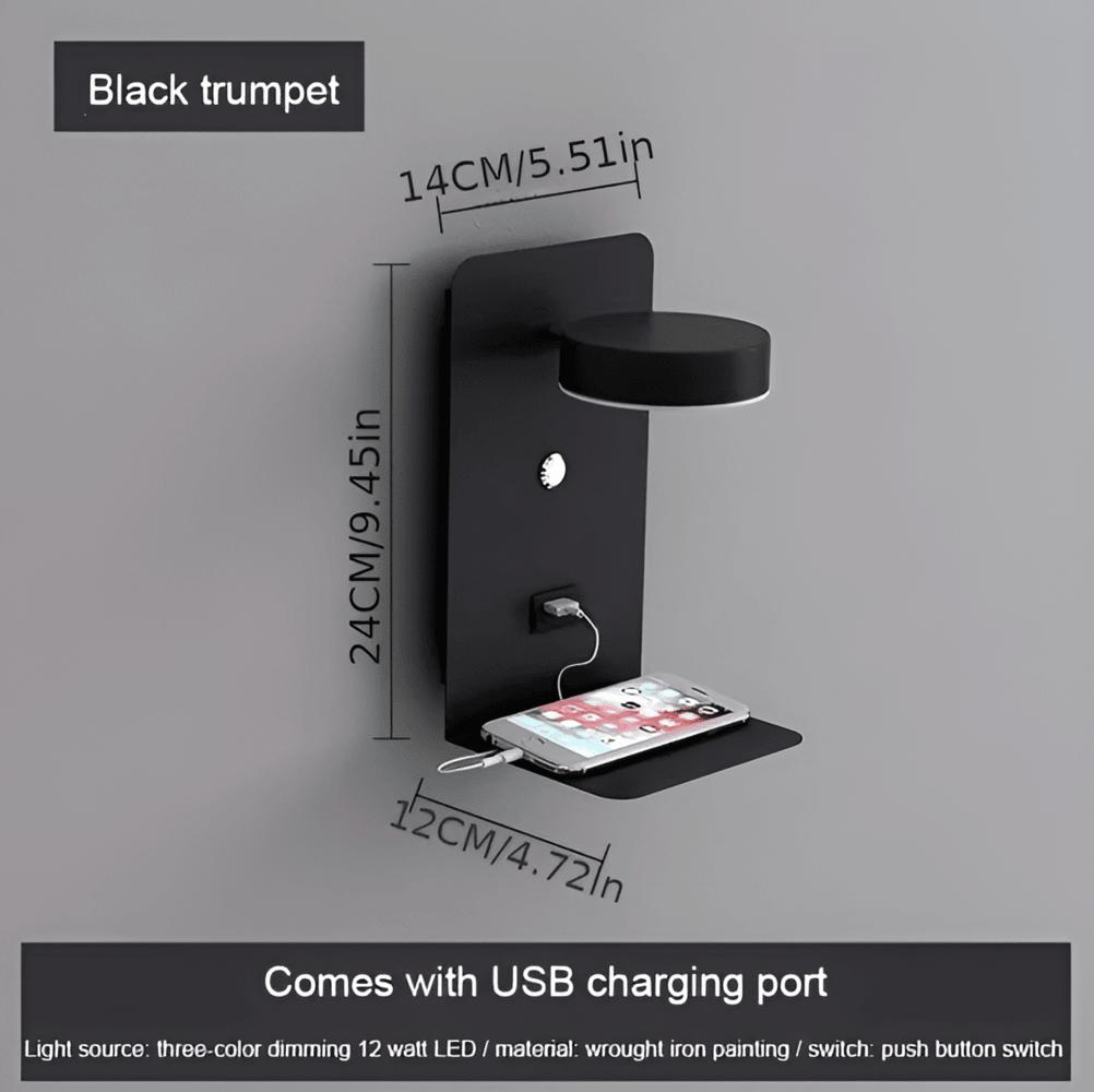 "Elegant LED vägglampa i aluminium med inbyggd hylla och USB-laddare, perfekt för små utrymmen och modern inredning."