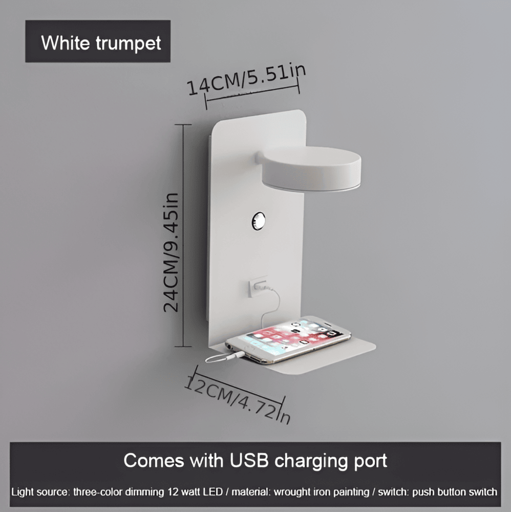 "Elegant LED vägglampa i aluminium med inbyggd hylla och USB-laddare, perfekt för små utrymmen och modern inredning."