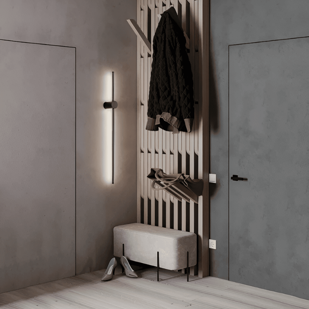 "Elegant LED vägglampa i skandinavisk design, roterbar, akryl och aluminium, idealisk för modern belysning."