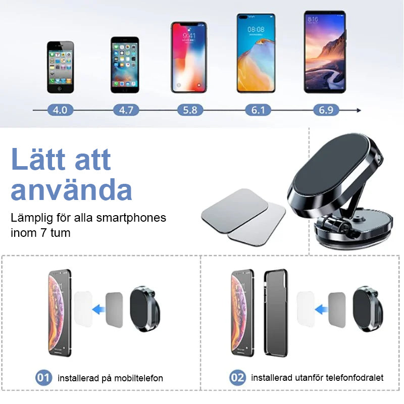 "Elegant magnetisk biltelefonhållare med starkt magnetfäste, 360° rotation, i svart design på bilens instrumentbräda."