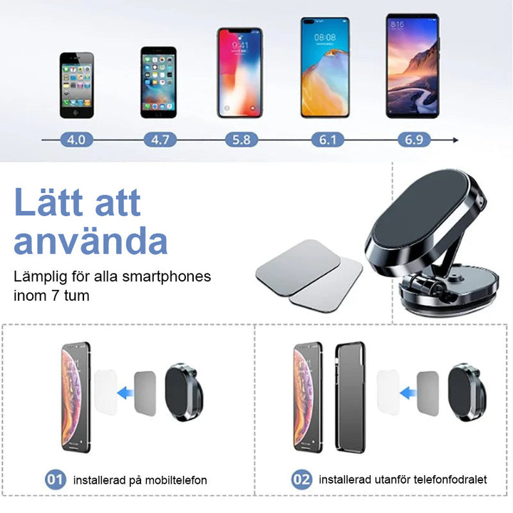 "Elegant magnetisk biltelefonhållare med starkt magnetfäste, 360° rotation, i svart design på bilens instrumentbräda."