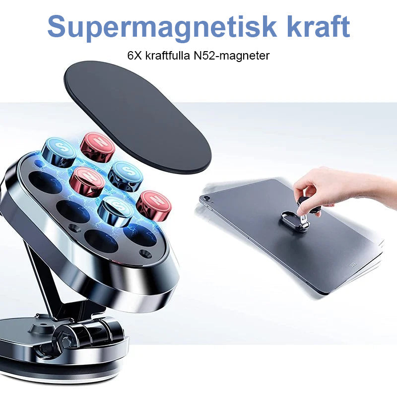 "Elegant magnetisk biltelefonhållare med starkt magnetfäste, 360° rotation, i svart design på bilens instrumentbräda."
