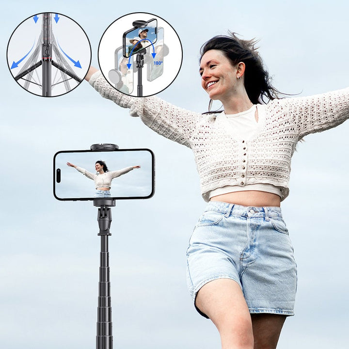"Elegant magnetiskt Bluetooth selfiestativ, lätt och utdragbar design med fjärrkontroll för flexibel fotografering."