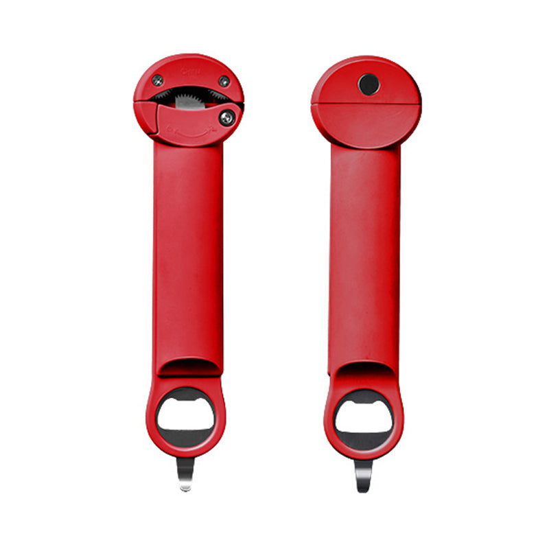 "Elegant multifunktionell flasköppnare med inbyggd magnet, ergonomiskt grepp och hållbar konstruktion i rostfritt stål."