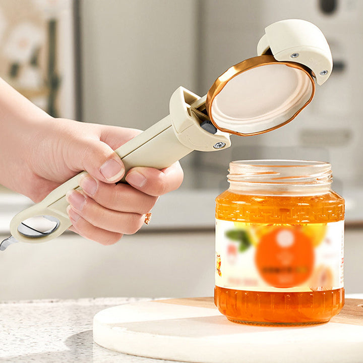 "Elegant multifunktionell flasköppnare med inbyggd magnet, ergonomiskt grepp och hållbar konstruktion i rostfritt stål."