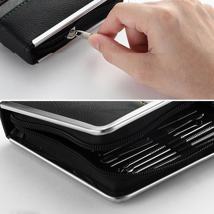 "Elegant nagelvårdsset, ergonomiska verktyg i stålfodral med svart PU-läder, för manikyr och pedikyr."