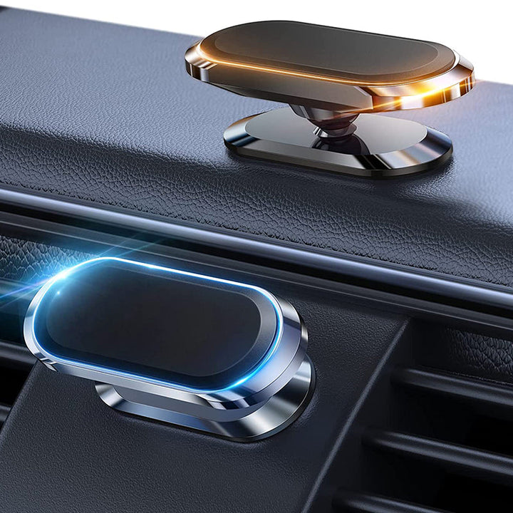 "Elegant och minimalistisk ultramagnetisk mobilhållare, svart finish, flexibel montering i bil eller hem för smartphones."