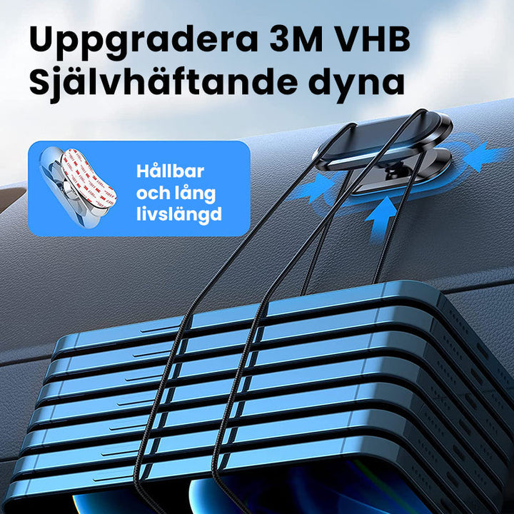 "Elegant och minimalistisk ultramagnetisk mobilhållare, svart finish, flexibel montering i bil eller hem för smartphones."