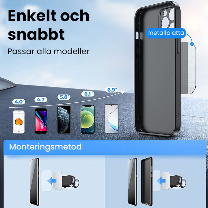 "Elegant och minimalistisk ultramagnetisk mobilhållare, svart finish, flexibel montering i bil eller hem för smartphones."