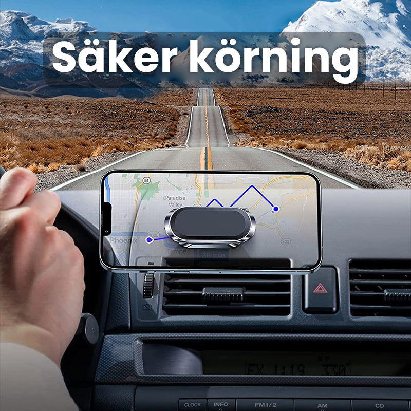 "Elegant och minimalistisk ultramagnetisk mobilhållare, svart finish, flexibel montering i bil eller hem för smartphones."