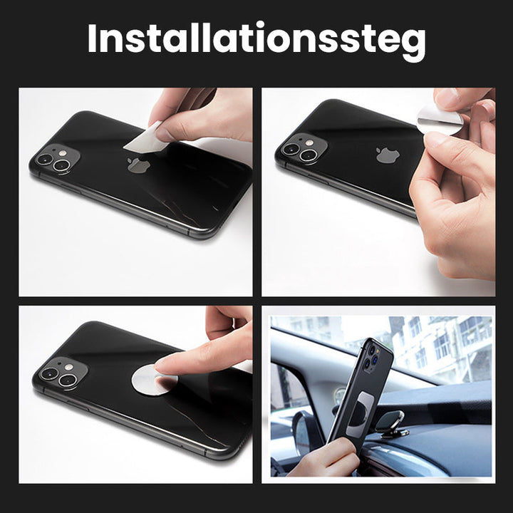 "Elegant och minimalistisk ultramagnetisk mobilhållare, svart finish, flexibel montering i bil eller hem för smartphones."