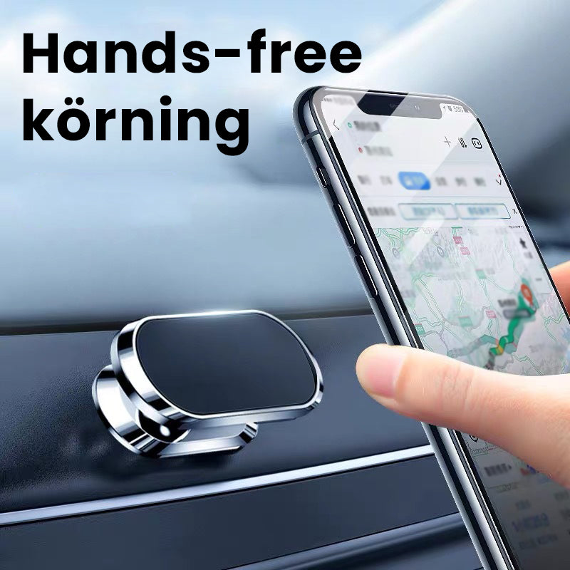 "Elegant och minimalistisk ultramagnetisk mobilhållare, svart finish, flexibel montering i bil eller hem för smartphones."