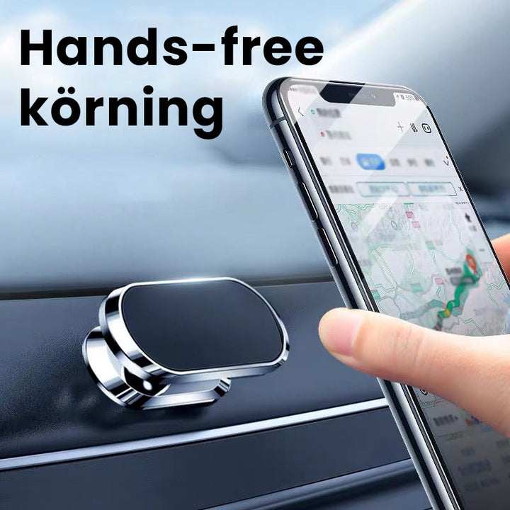 "Elegant och minimalistisk ultramagnetisk mobilhållare, svart finish, flexibel montering i bil eller hem för smartphones."