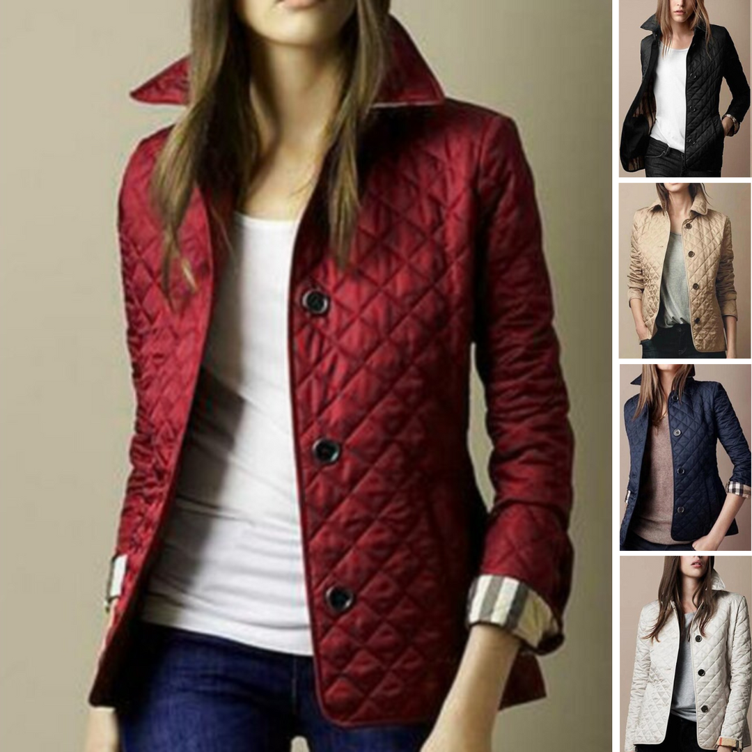 "Elegant quiltad jacka för kvinnor med diamantmönstrat tyg i burgundy, khaki, marinblå, svart och vit."