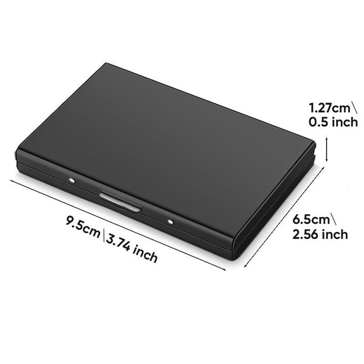 "Elegant RFID korthållare i rostfritt stål, rymmer 6 kort, lämplig för både män och kvinnor, skyddar mot obehörig skanning."