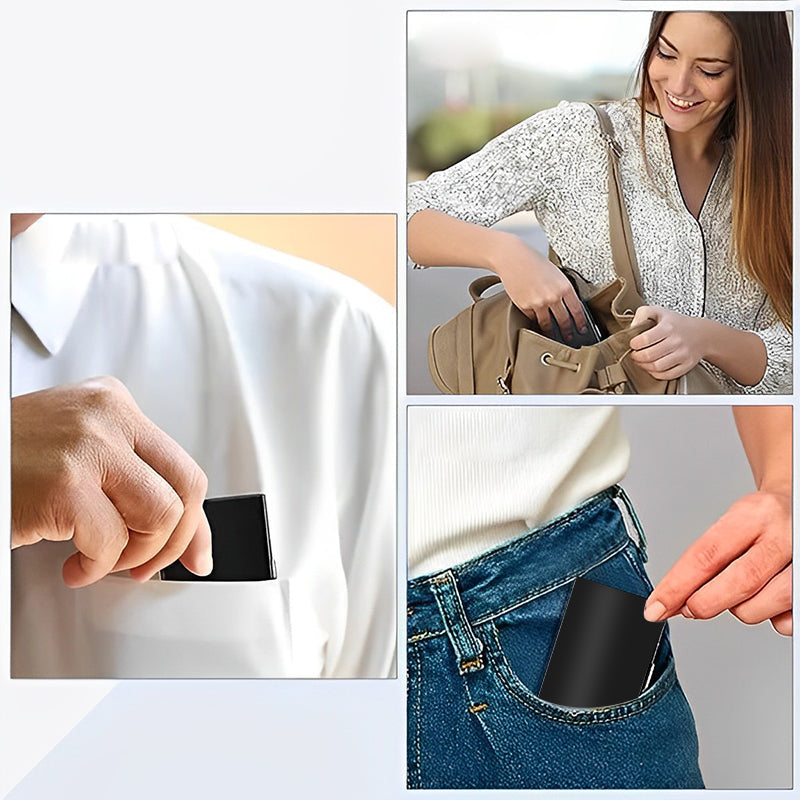 "Elegant RFID korthållare i rostfritt stål, rymmer 6 kort, lämplig för både män och kvinnor, skyddar mot obehörig skanning."