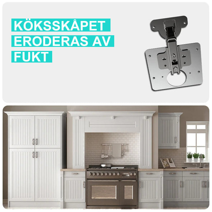 "Elegant rostfri sidoplåt för gångjärnsreparation på skåp, förbättrar stabilitet och utseende i köksinredning."