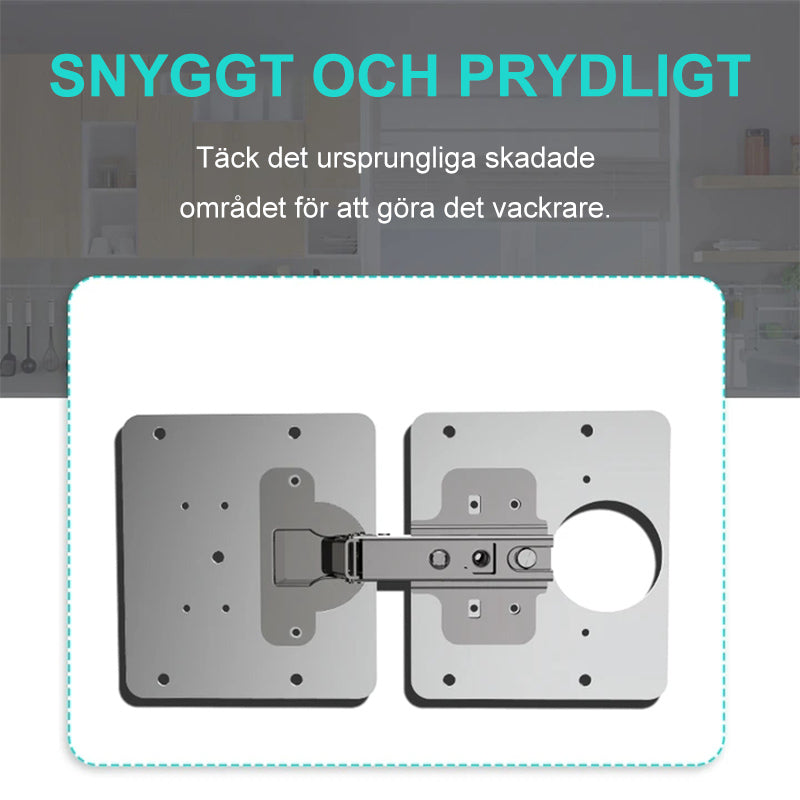 "Elegant rostfri sidoplåt för gångjärnsreparation på skåp, förbättrar stabilitet och utseende i köksinredning."